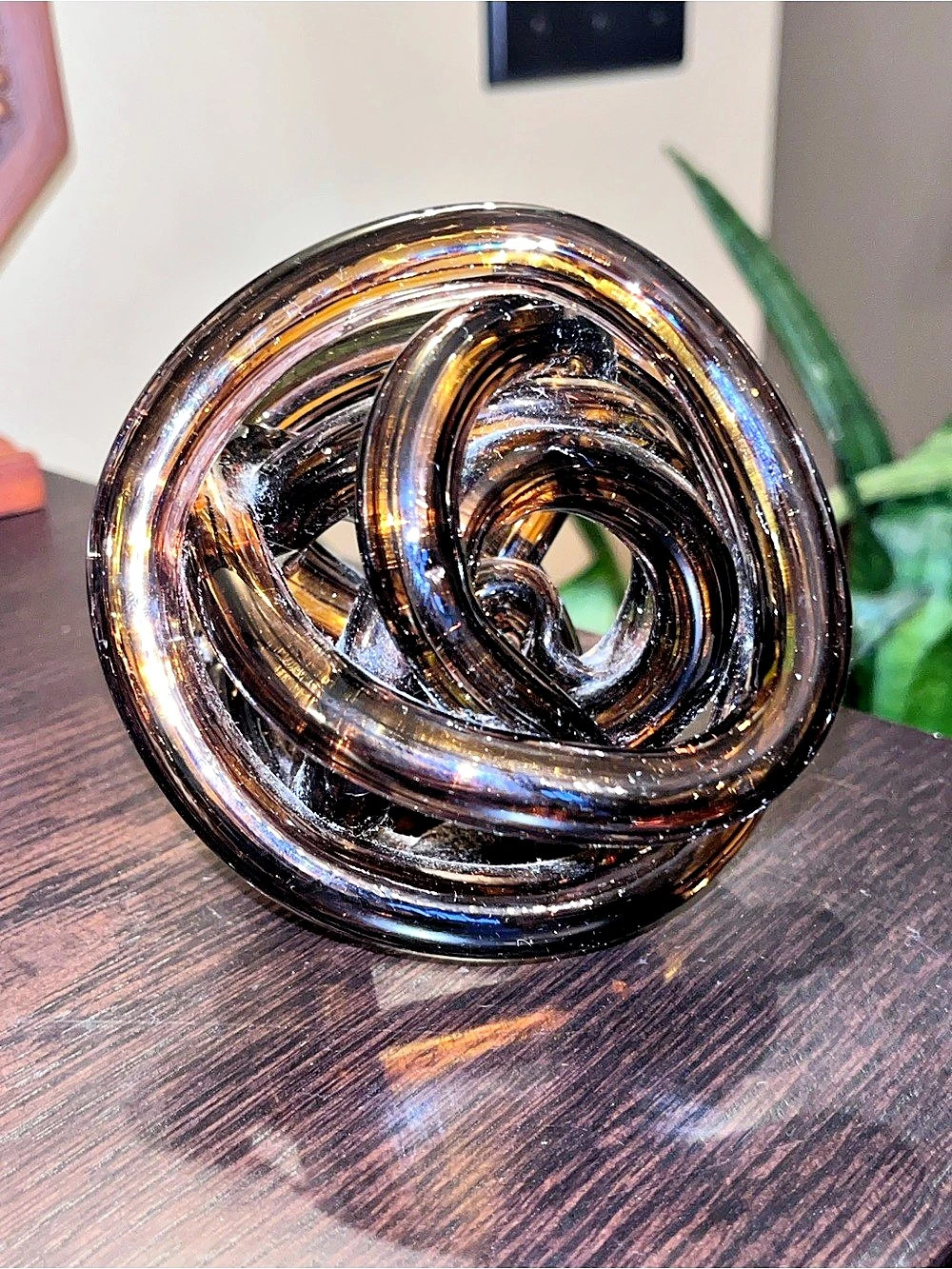 Stunning Vintage Amber Glass Knot Sculpture MCM Hand-Blown Art Glass